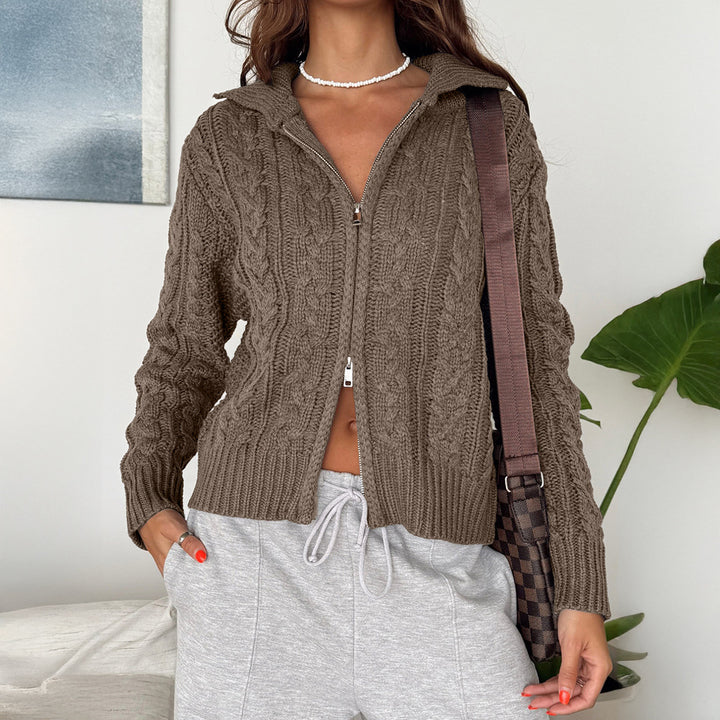 Damen verkürzte Zopfmuster Strickjacke mit durchgehendem Reißverschluss und Stehkragen – Veloura