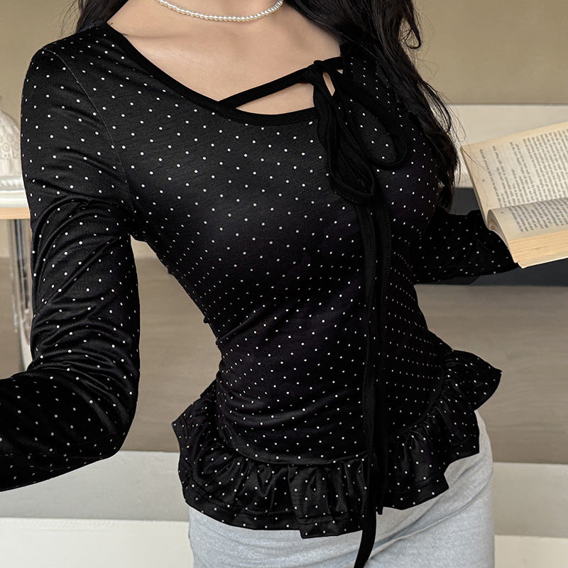 Damen nan tailliertes Longsleeve mit Rüschensaum, Tunnelzug und feinem Punktmuster Echo Archiv