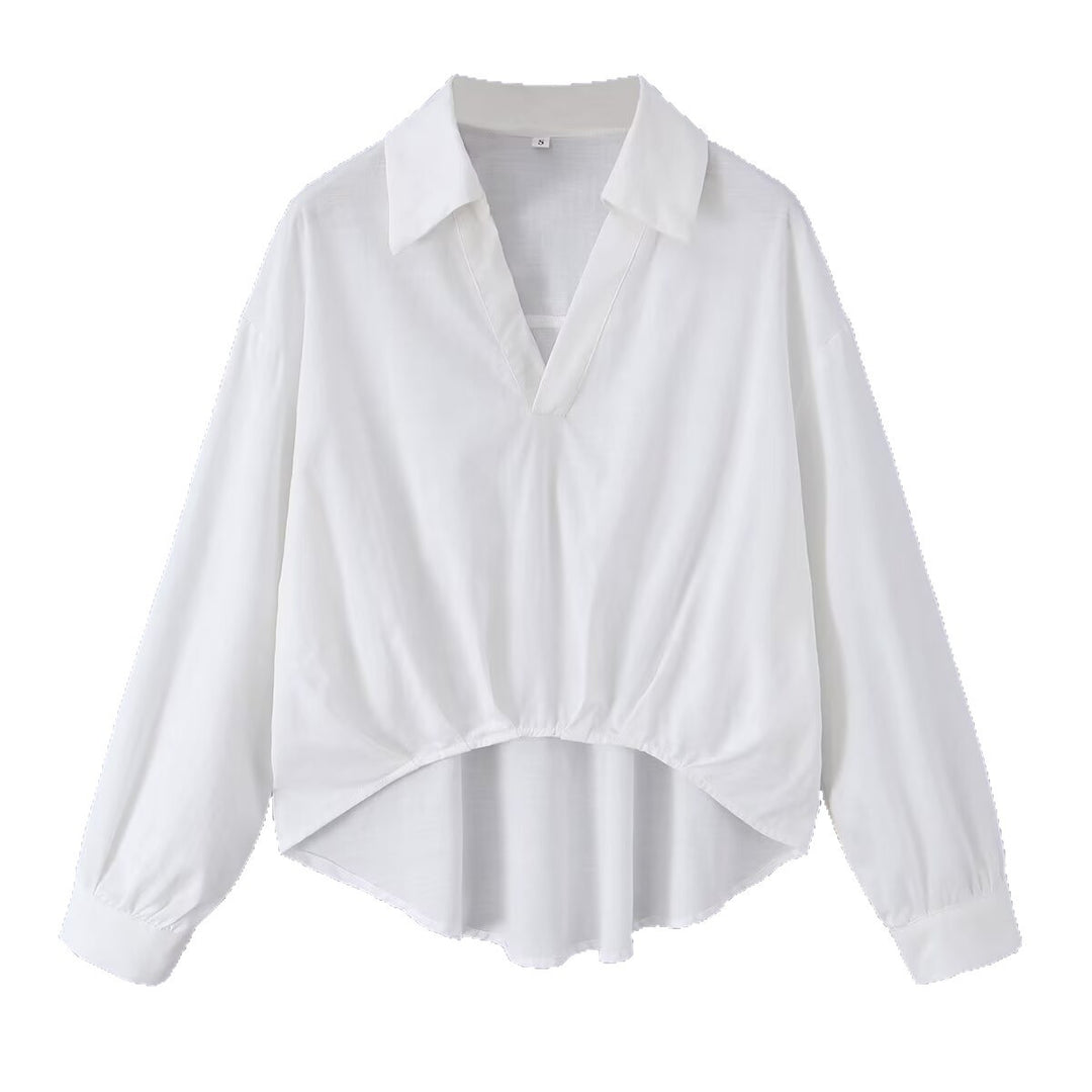 Damen Weite Bluse mit V‑Ausschnitt, Hemdkragen und gerafftem Hoch-Tief-Saum Echo Archiv