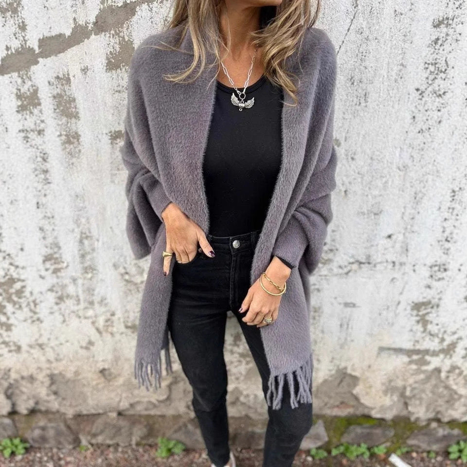 Damen nan langer kuscheliger Fransen-Cardigan mit Schalkragen und Oversize-Passform Echo Archiv