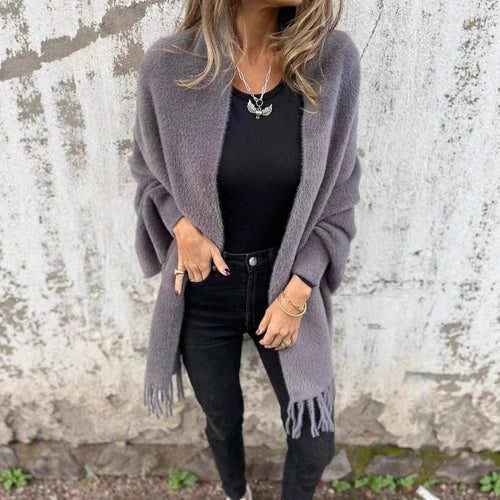 Damen nan langer kuscheliger Fransen-Cardigan mit Schalkragen und Oversize-Passform Echo Archiv