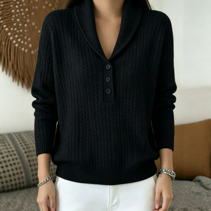 Damen Strickpullover mit Schalkragen, Zopfmuster und Knopfleiste – Mavelle