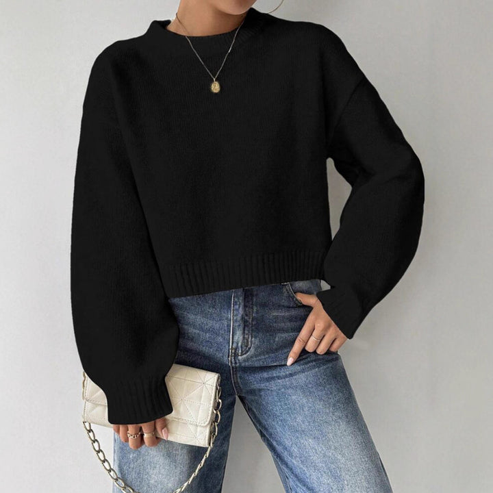 Damen Kurz-Cropped Pullover aus feinem Strick mit Ballonärmeln und geripptem Bund – Mavelle