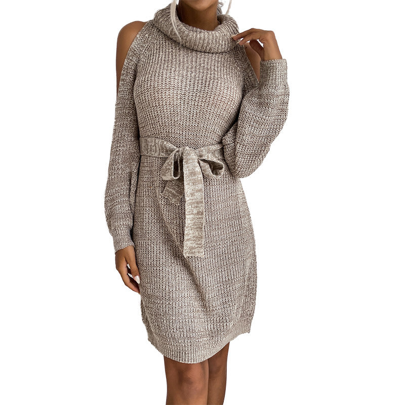 Damen Schulterfreies Rollkragen-Strickkleid mit Taillengürtel Echoarchiv
