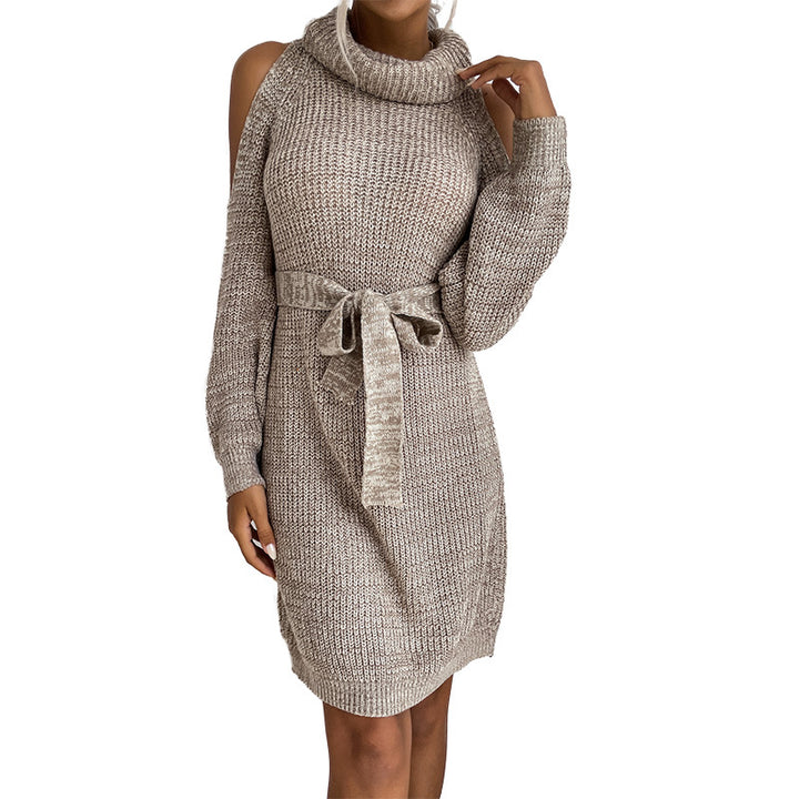 Damen Schulterfreies Rollkragen-Strickkleid mit Taillengürtel Echoarchiv