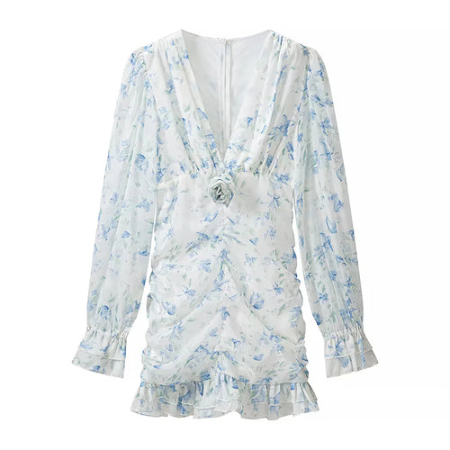 Damen nan gerafftes Chiffon Minikleid mit tiefem V-Ausschnitt Rüschen und Rosenapplikation Echo Archiv