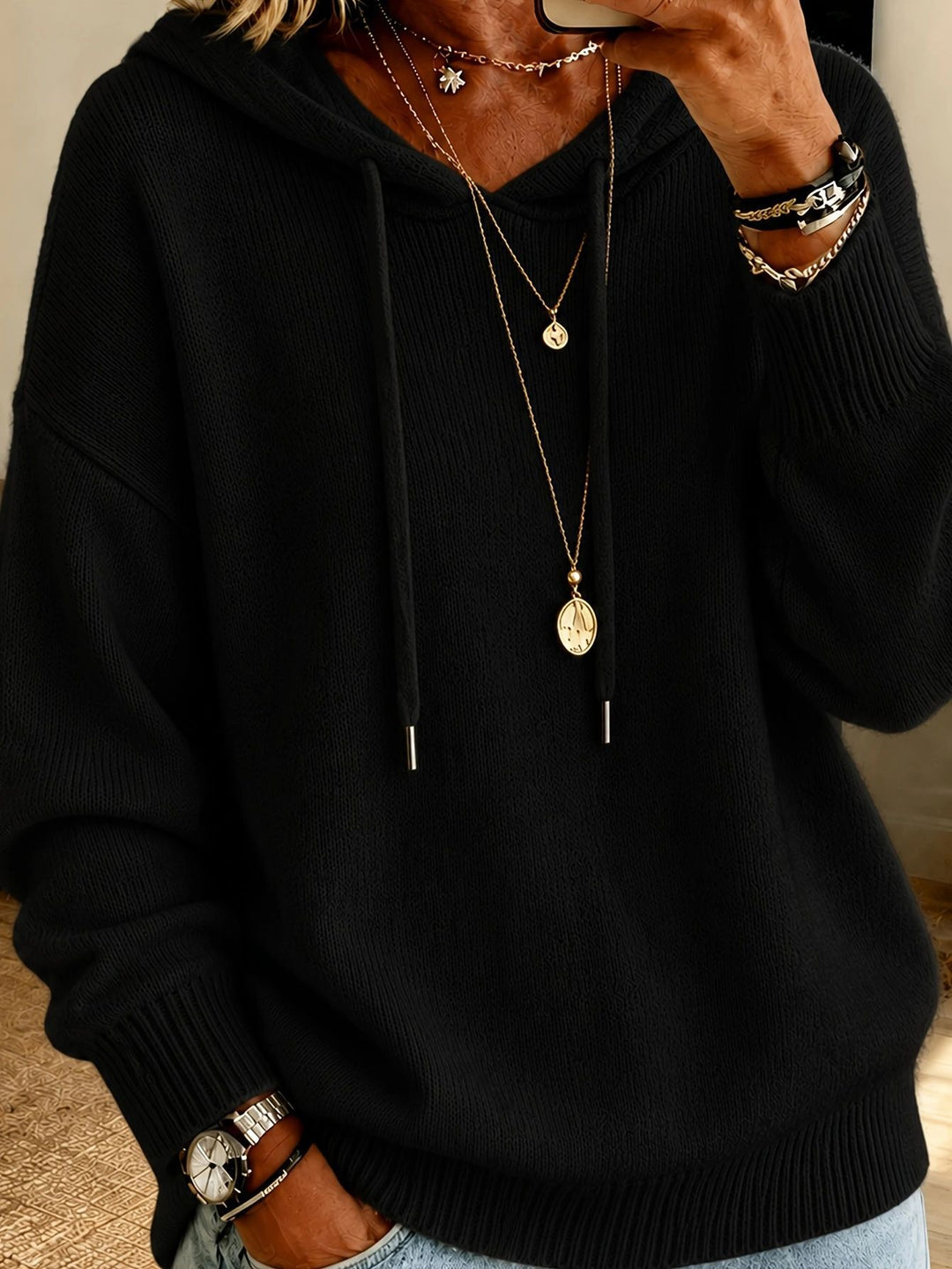 Damen Oversize Kapuzenpullover aus feinem Strick mit Kordelzug und gerippten Bündchen – Auréline