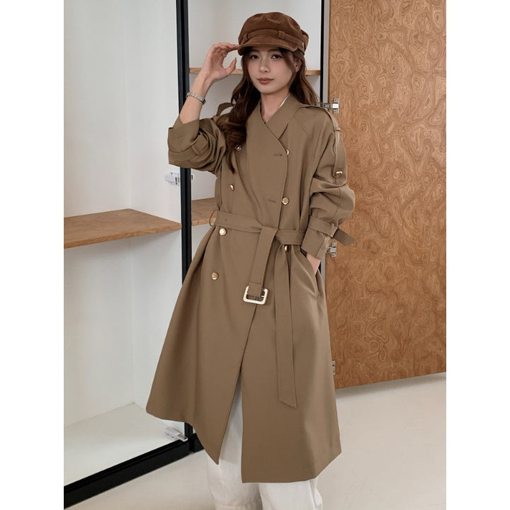 Damen Lang geschnittener Trenchcoat mit doppelreihiger Knopfleiste und verstellbaren Ärmelriegeln Echoarchiv