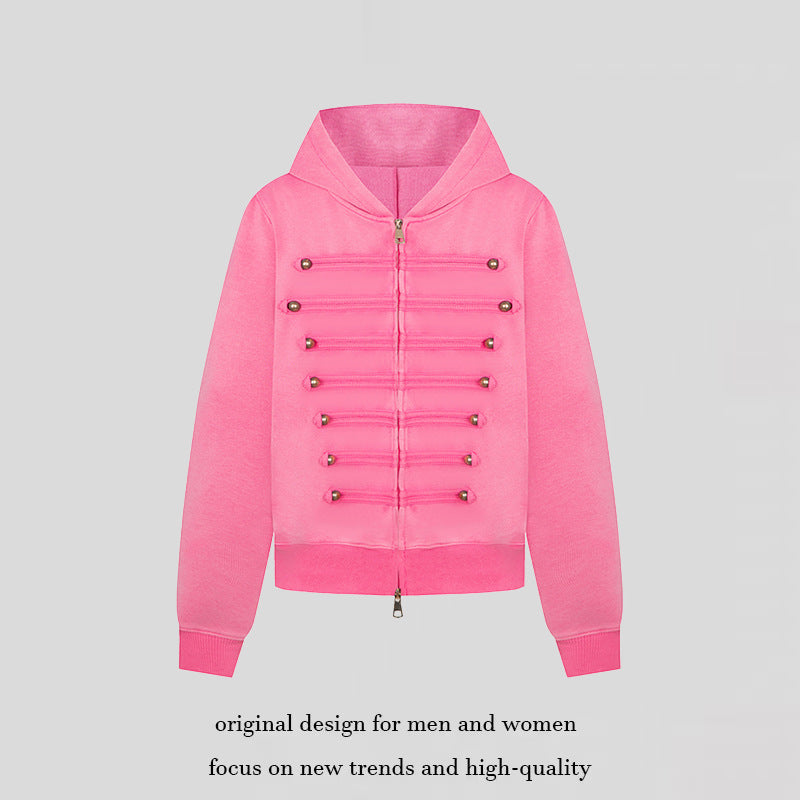 Damen Kapuzen-Sweatjacke im Military-Style mit Zierkordeln und Metallknöpfen Echoarchiv