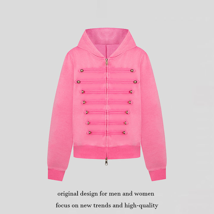 Damen Kapuzen-Sweatjacke im Military-Style mit Zierkordeln und Metallknöpfen Echoarchiv