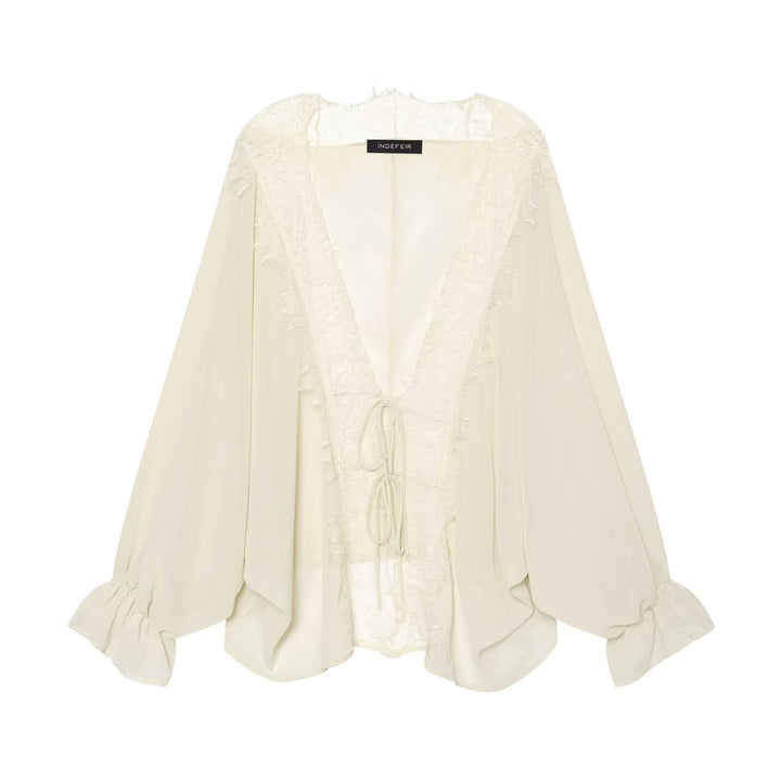 Damen Kaftan-Bluse mit Spitzenkante, Bindeband und Ballonärmeln Echo Archiv