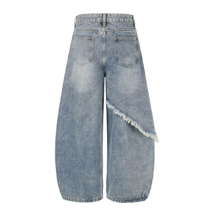Damen High‑Waist weite Palazzo-Jeans mit asymmetrischem Fransen-Detail und Strassapplikation Echoarchiv