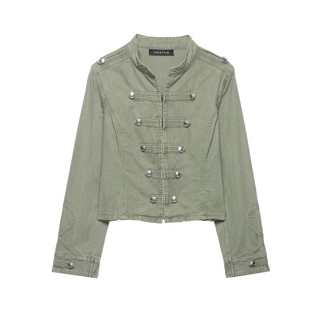 Damen 10+ taillierte Cropped Militärjacke im Vintage‑Look mit dekorativer Metallknopfleiste Echo Archiv