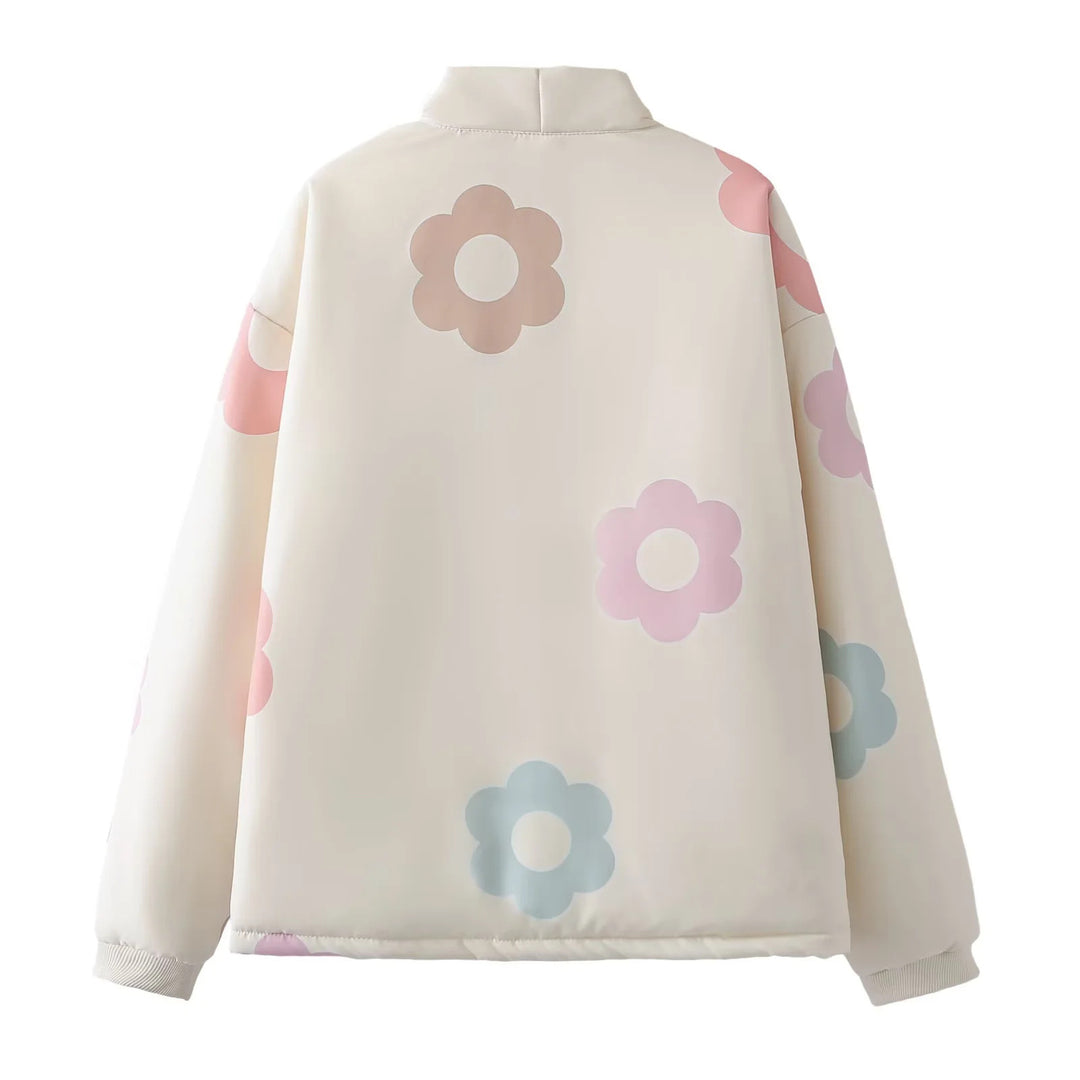 Damen gesteppte Kimono-Shortjacke mit wattierter Füllung und floraler Applikation – Célinea