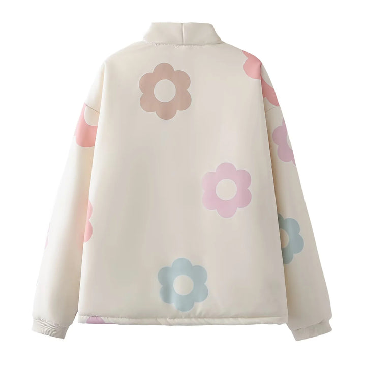 Damen gesteppte Kimono-Shortjacke mit wattierter Füllung und floraler Applikation – Célinea