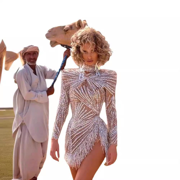Damen Glamouröses Pailletten-Kleid mit transparenten Akzenten und Fransen Echoarchiv