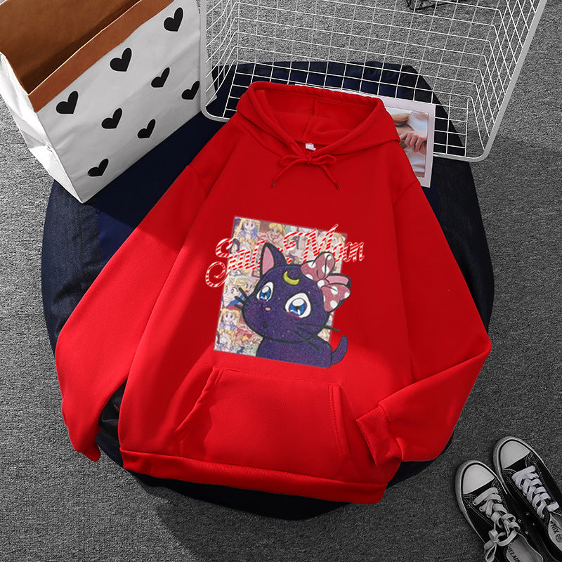 Damen Oversize-Kapuzenpullover mit glitzerndem Anime-Katzen-Motiv, Kängurutasche und weichem Fleece-Innenfutter – Auréline