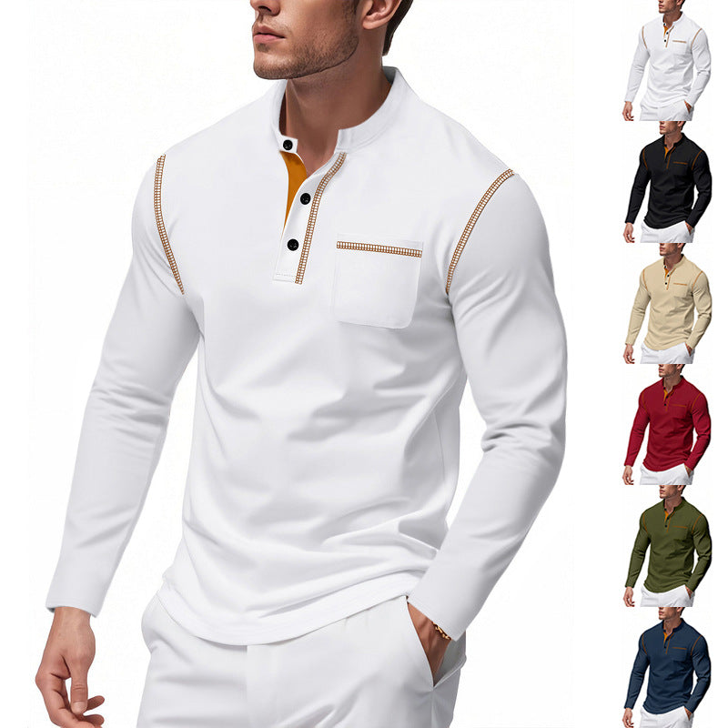 Herren nan Henley-Langarmshirt mit Stehkragen, Brusttasche und kontrastierenden Ziernähten Echo Archiv