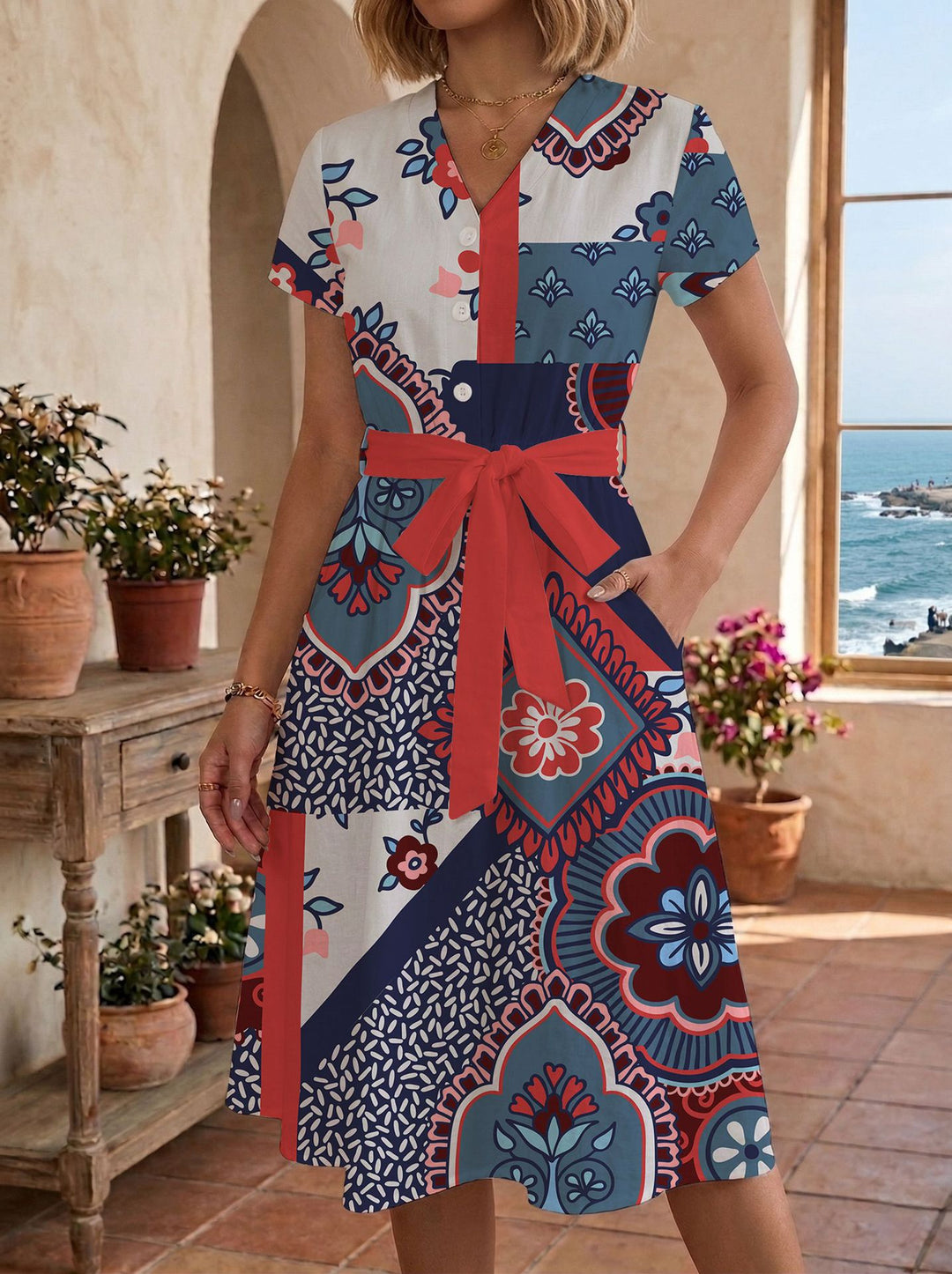 Damen Sommerliches Kleid mit taillierbarem Bindegürtel und floralem Muster Echo Archiv