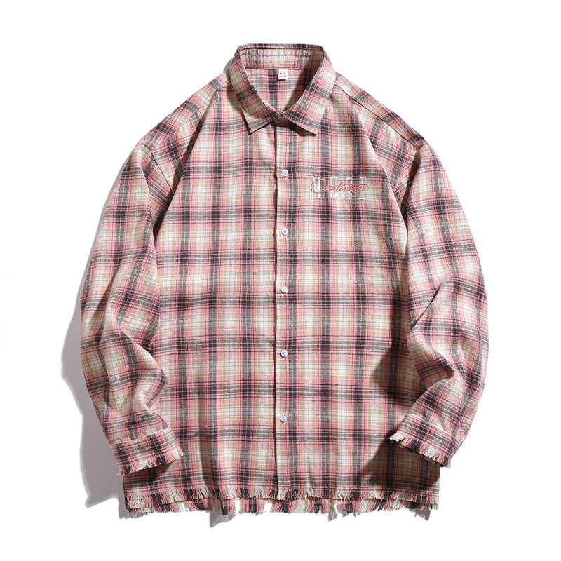 Unisex Overshirt im Karo-Look mit fransigem Saum, Bruststickerei und Knopfleiste Echo Archiv