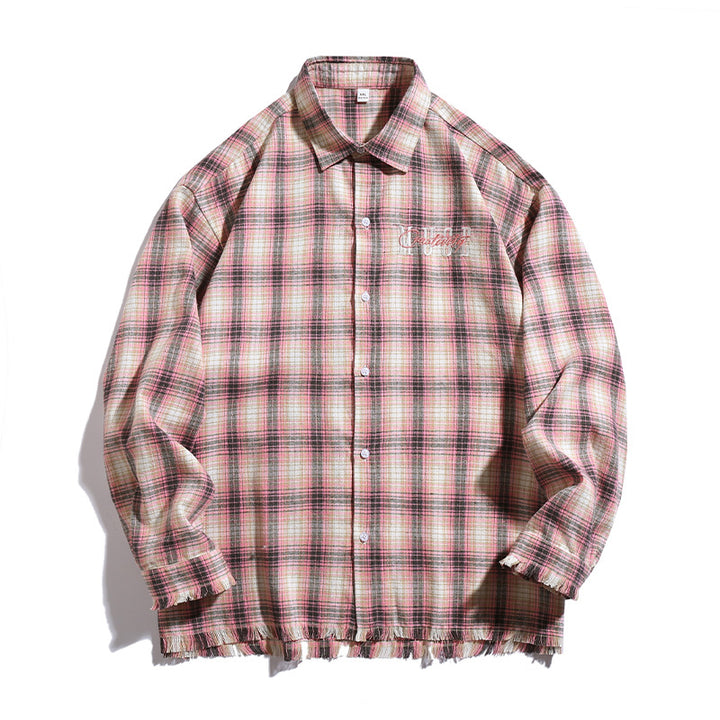 Unisex Overshirt im Karo-Look mit fransigem Saum, Bruststickerei und Knopfleiste Echo Archiv