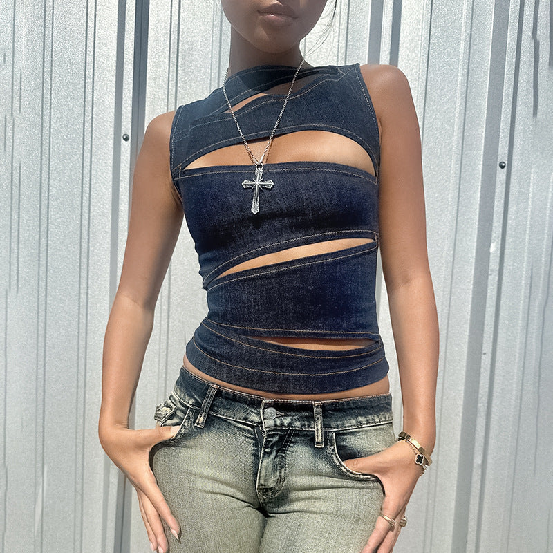 Damen figurbetontes Denim-Top mit asymmetrischen Cut-Outs und stylischem Design Echo Archiv