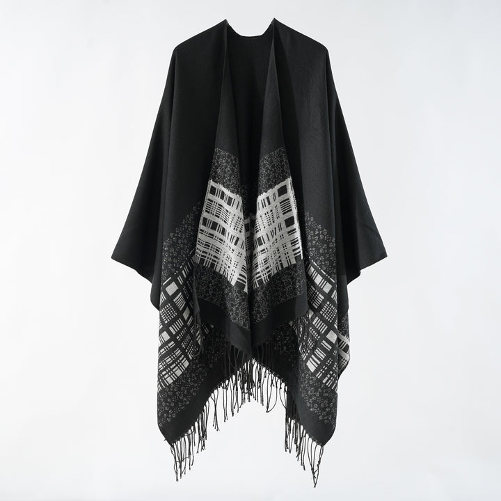 Damen Wollmix-Schulterponcho mit Jacquardmuster und Fransensaum Echo Archiv