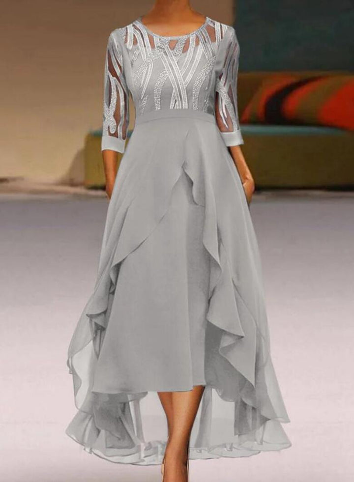 Damen nan edles Chiffon-Abendkleid mit besticktem Tülloberteil, Dreiviertelärmeln und asymmetrischem Stufen-Saum Echo Archiv
