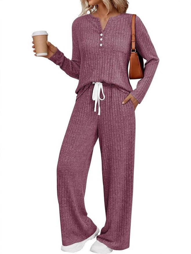 Damen Rippstrick-Lounge-Set mit Knopfleiste und weitem Kordelbund-Hose – Mavelle