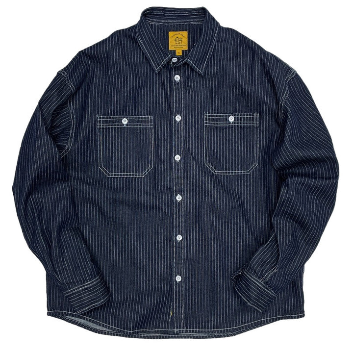 Herren lässiges Denim-Hemd mit vertikalem Streifenmuster und praktischen Brusttaschen Echoarchiv