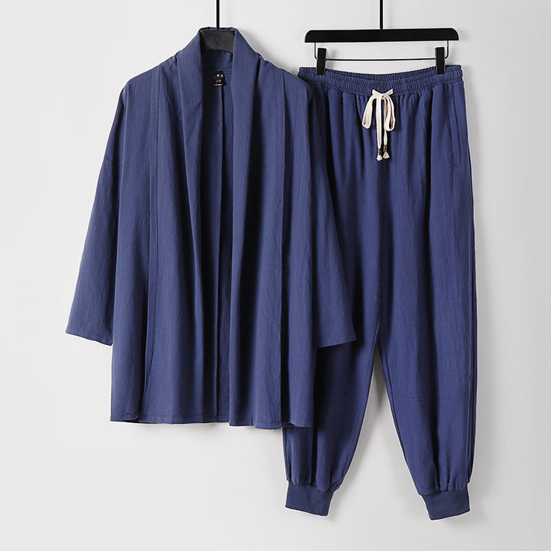Unisex Luftiges Freizeit-Set im Kimono-Stil mit Schalkragenjacke und konisch zulaufender Joggerhose Echoarchiv