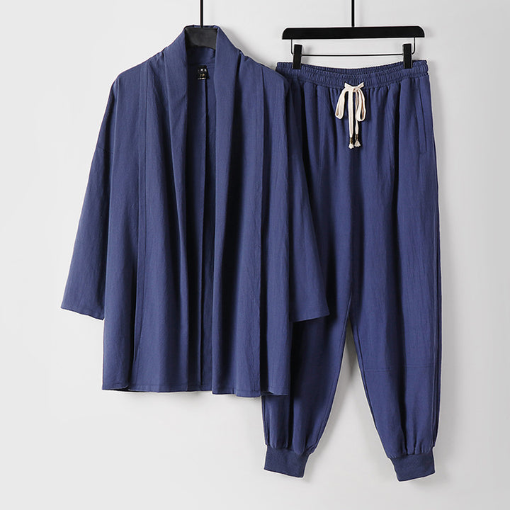 Unisex Luftiges Freizeit-Set im Kimono-Stil mit Schalkragenjacke und konisch zulaufender Joggerhose Echoarchiv