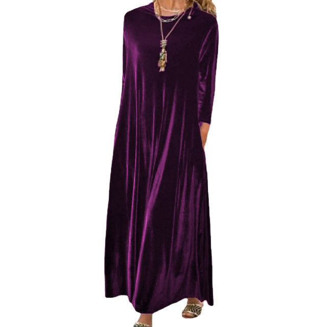 Damen Langes samtiges Maxikleid mit Rundhalsausschnitt, halblangen Ärmeln und seitlichen Taschen – Valéora