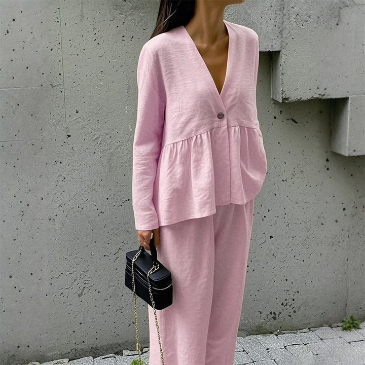 Damen nan legeres Leinenmix-Zweiteiler mit V-Ausschnitt Peplum-Bluse, Einknopfleiste und weitem Palazzo-Hosenbein Echo Archiv