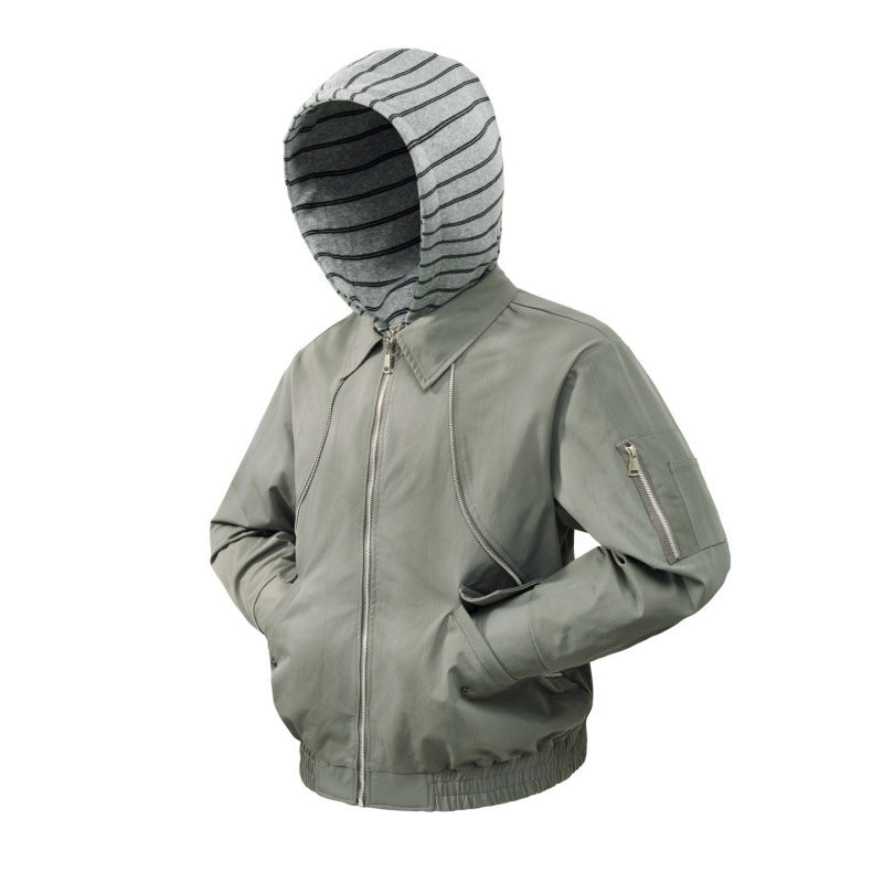Leichte Bomberjacke für Herren mit gestreifter Kapuzen-Innenjacke, elastischem Saum und Utility-Arm-Tasche – Brevano
