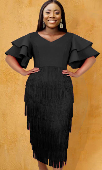 Damen Cocktailkleid mit voluminösen Rüschenärmeln und Fransen-Saum Echo Archiv