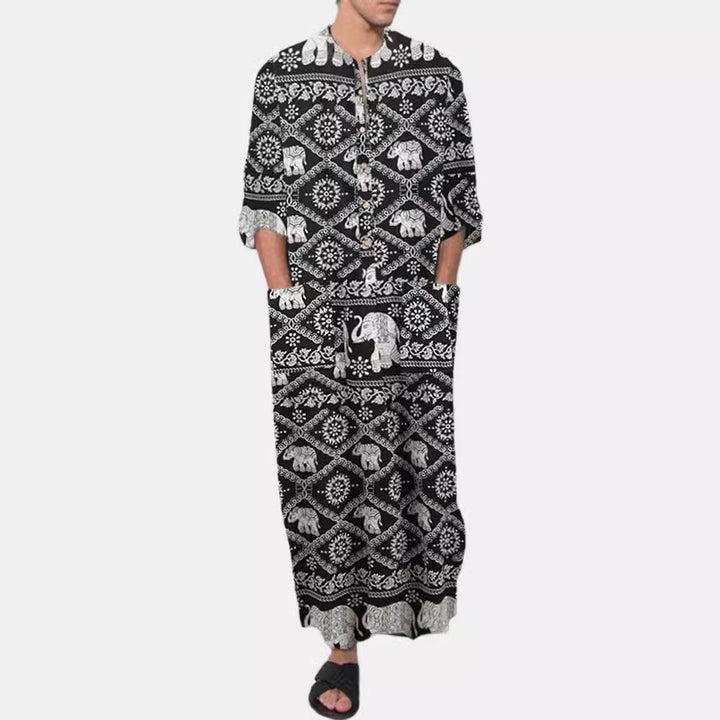 Damen nan Ethno-Maxikleid mit Stehkragen, kurzer Knopfleiste, überschnittenen Ärmeln und A-Linien-Schnitt Echo Archiv