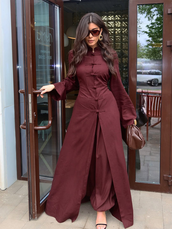 Damen Maxikleid mit Stehkragen, Mandarin-Knopfleiste und drapierter Rockpartie Echoarchiv