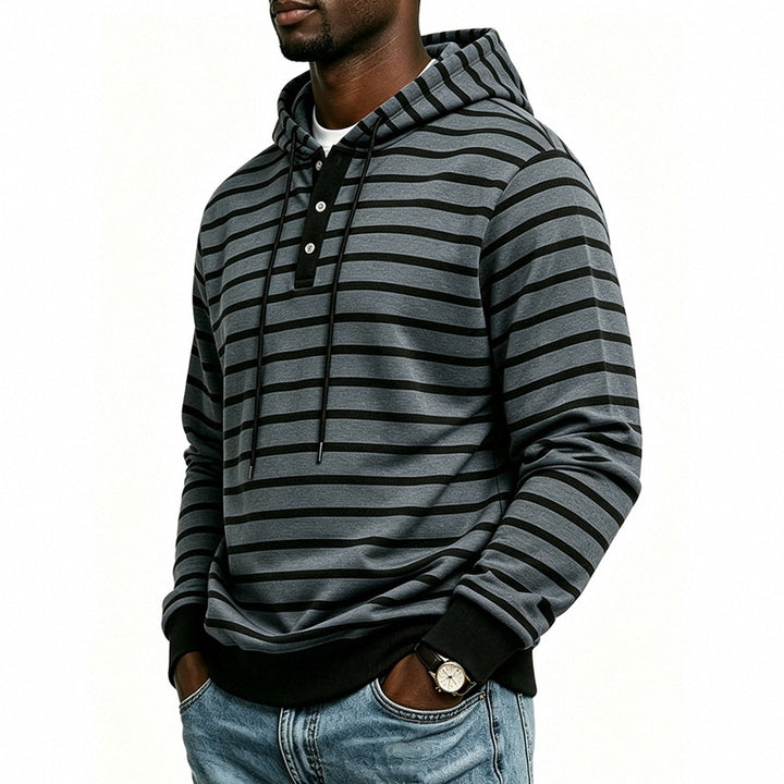 Herren Kapuzenpullover mit Henley-Knopfleiste und feinem Streifenstrukturmuster Echoarchiv