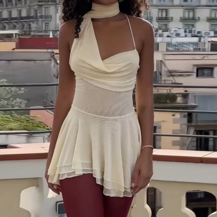 Damen elegantes asymmetrisches Mini-Kleid mit dekorativem Schulterband und fließendem Saum Echo Archiv