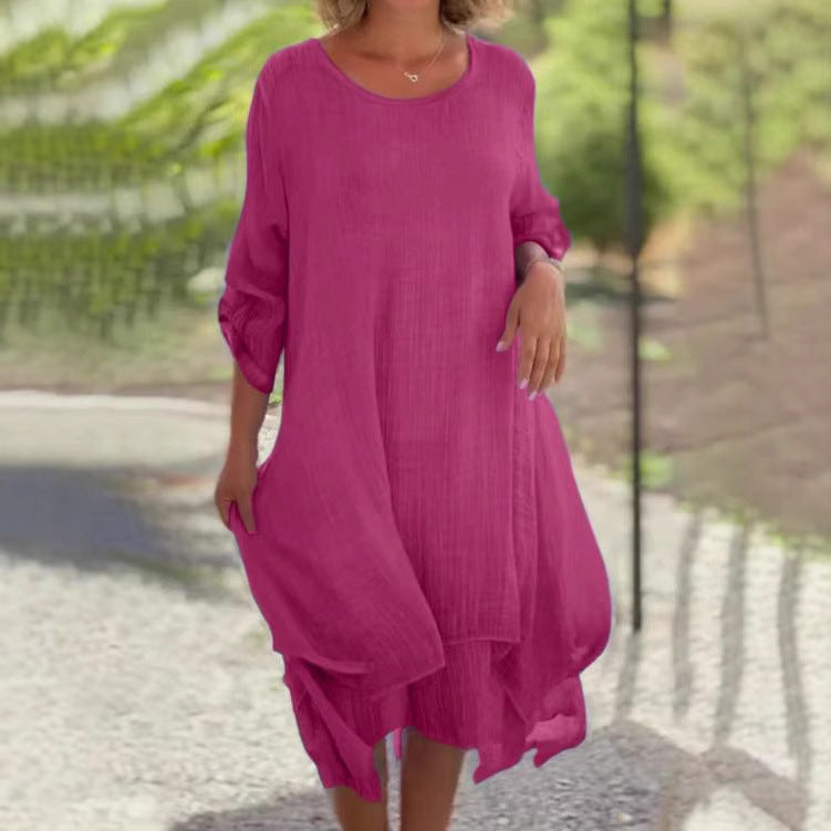 Damen nan weites Musselin-Lagenmidikleid mit A-Linie und aufkrempelbaren Ärmeln Echo Archiv