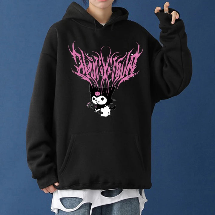 Damen lockeres Kapuzensweatshirt aus angerautem Fleece mit Kängurutasche und kawaii-Charakter-Print – Auréline