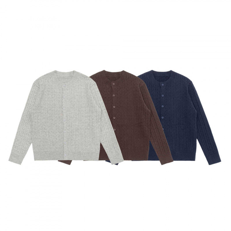 Unisex Kurz geschnittene Zopfstrick-Cardigan mit Rundhalsausschnitt und Perlmuttknöpfen Echo Archiv