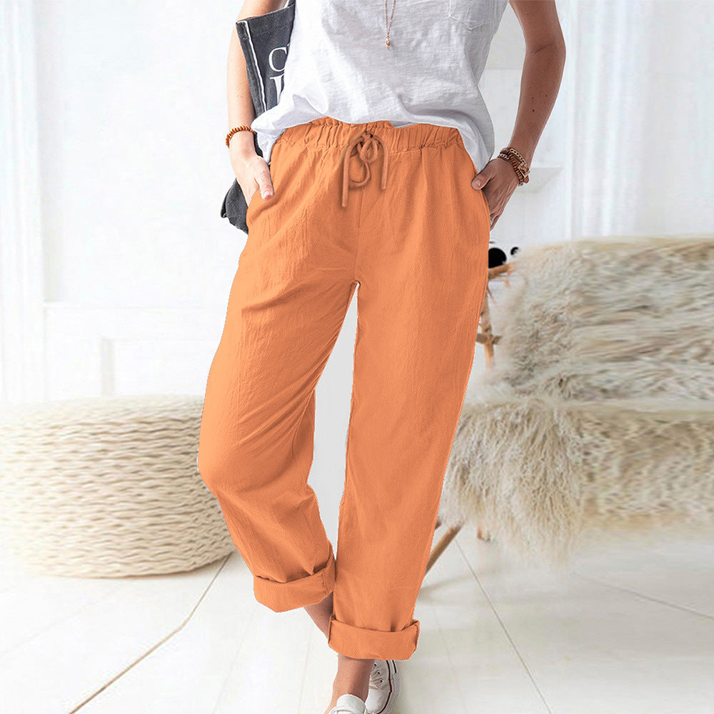 Damen Lockere Leinenoptik-Hose mit Elastischem Bund, Kordelzug und Aufgeschlagenem Saum – Avélisse