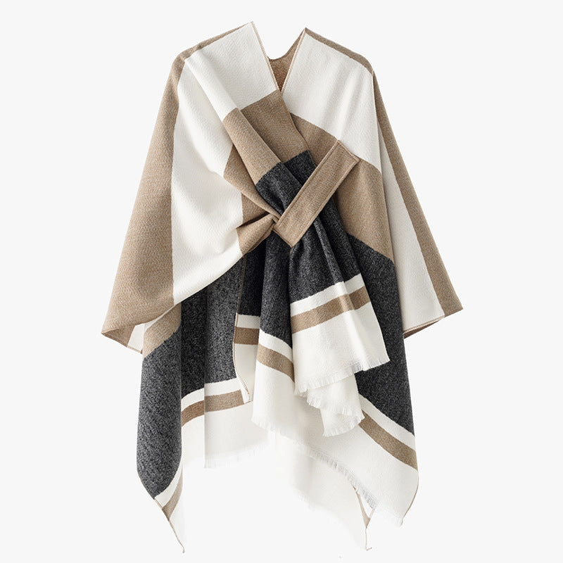 Damen Oversize-Capeponcho aus Wollmix mit Bindeschlaufe und Streifenbordüre Echo Archiv