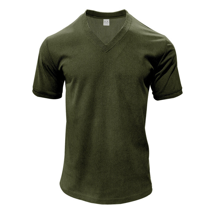Herren nan strukturiertes V-Ausschnitt-Rippjersey-Shirt mit kurzem Arm und körpernaher Passform Echo Archiv