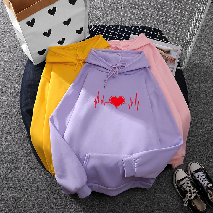 Unisex oversized Kapuzenpullover mit Herz-EKG-Print und Kängurutasche – Auréline