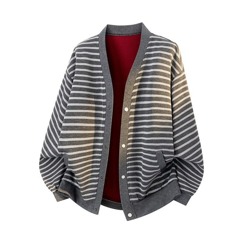 Damen Oversize-Streifencardigan mit Druckknopfleiste, Eingrifftaschen & Raglanärmeln Echoarchiv