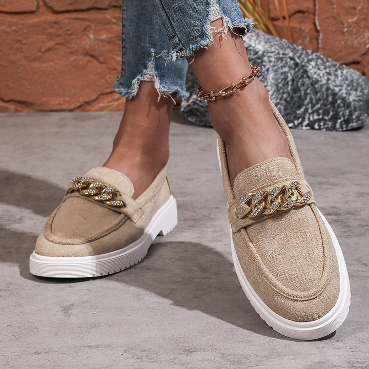 Damen  elegante Slipper mit Plateau-Laufsohle, goldener Schmuckkette und gepolstertem Komfortfußbett Echo Archiv