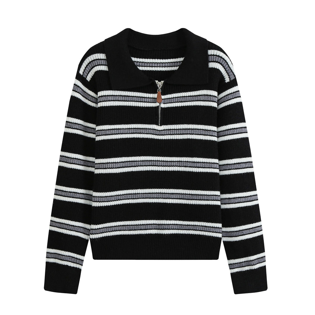 Damen Gestreifter Troyer-Pullover mit Reißverschluss und Polokragen Echo Archiv